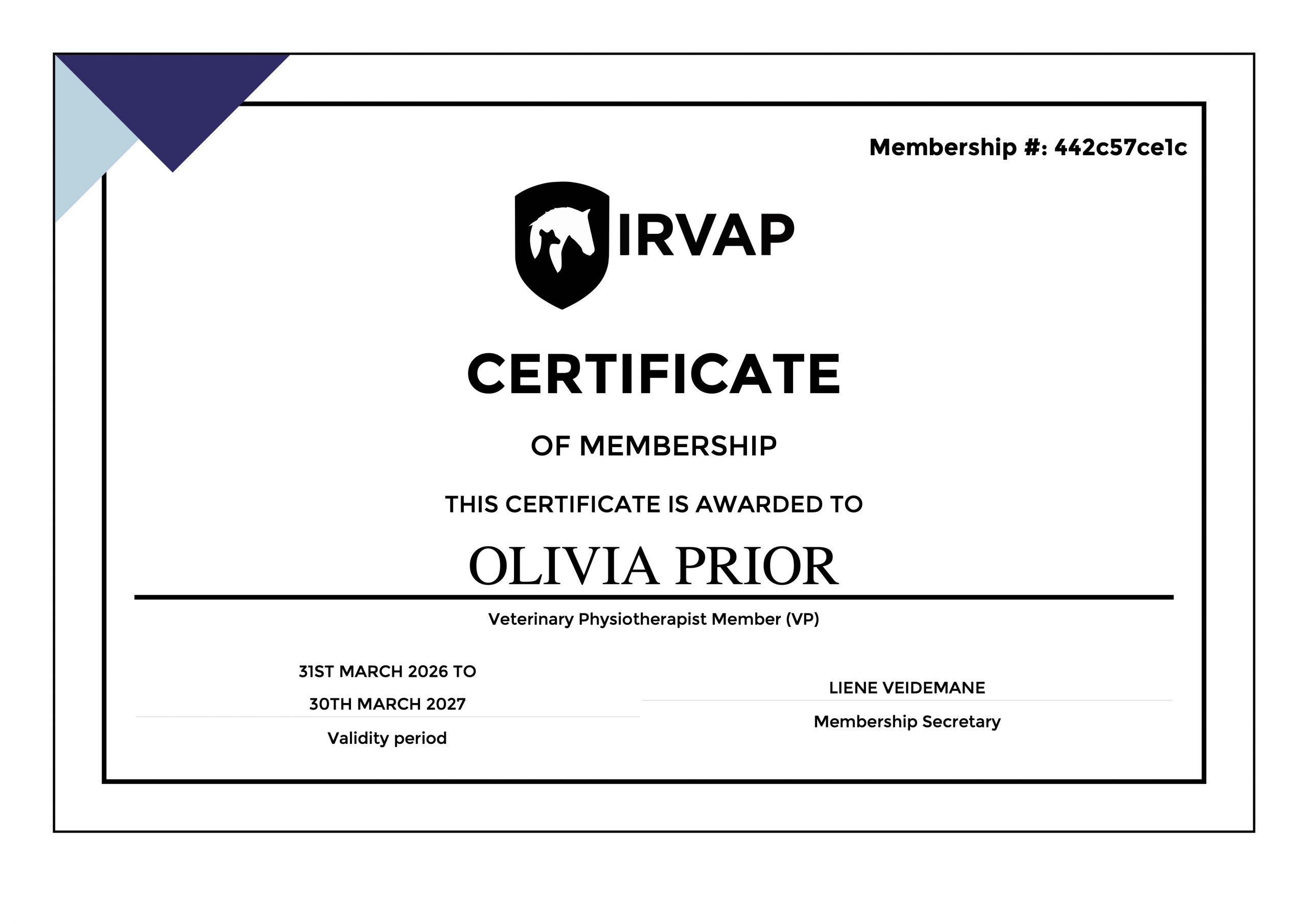 irvap certificate olivia prior